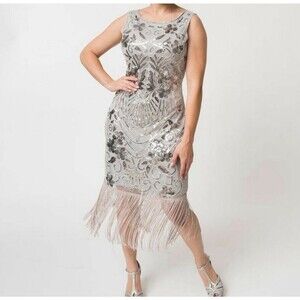 Unique Vintage Dress Womens Large Silver Sequin Mesh Fringe Flapper Style Retro